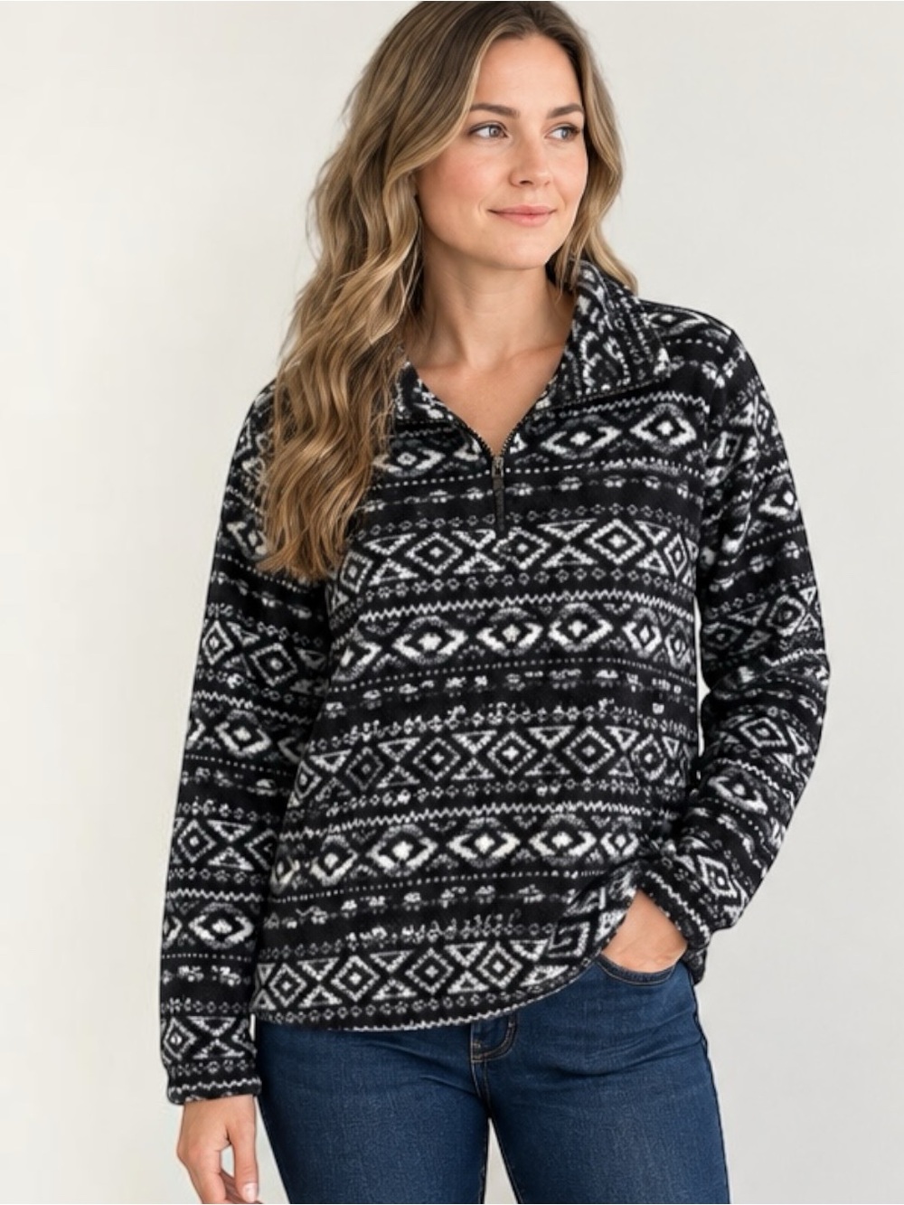Eddie Bauer Zip Collar Fleece Pullover Geometric Tribal Print Black White M